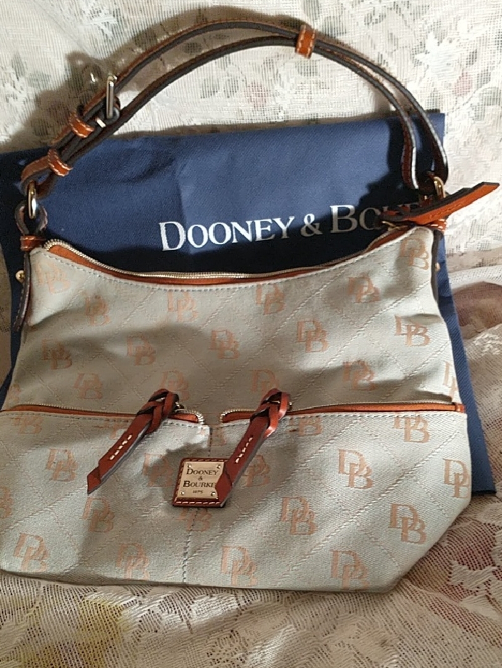 Dooney & Bourke Cream and Brown Logo Shoulder Bag adjustable strap
